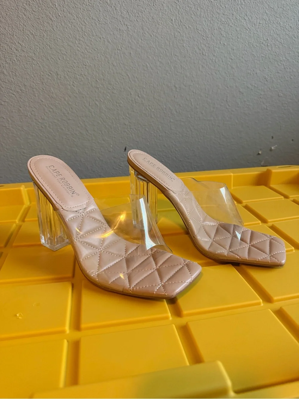 Cape Robbin Square Toe Blush Quilted Clear Block Heel Mules